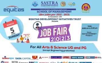 தஞ்சாவூர் சாஸ்திரா பல்கலைக்கழகத்தில் 6 ஆயிரம் பேருக்கு வேலை வாய்ப்பு முகாம், பங்கேற்க அழைப்பு