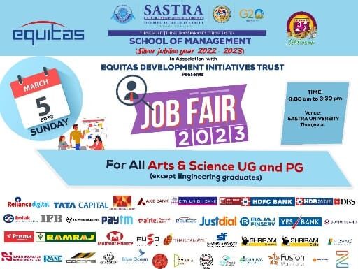 தஞ்சாவூர் சாஸ்திரா பல்கலைக்கழகத்தில் 6 ஆயிரம் பேருக்கு வேலை வாய்ப்பு முகாம், பங்கேற்க அழைப்பு