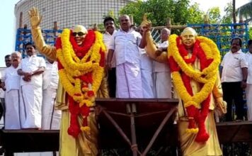 தஞ்சாவூரில் முன்னாள் முதல்வர் கருணாநிதியின் பிறந்தநாளை முன்னிட்டு பேரறிஞர் அண்ணா, கருணாநிதி உருவ சிலைகளுக்கு திமுகவினர் மாலை அணிவித்து மரியாதை