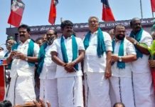 கர்நாடகாவிலிருந்து காவிரி தண்ணீரை பெற்றுத்தர வேண்டும், விவசாயிகளுக்கு ரூ 35 ஆயிரம் நிவாரணம் வழங்க வேண்டும் என முன்னாள் அமைச்சர்கள் காமராஜ், விஜயபாஸ்கர் வலியுறுத்தல்